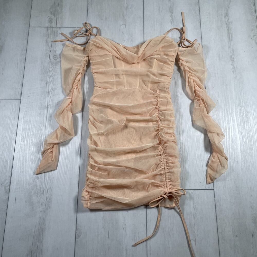Oh Polly Women's US 6 Amiens Tie Shoulder Mesh Ruched Mini Dress Tan Sand
